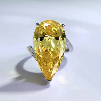 Spring Qiaoer Новое кольцо с имитацией серебра 925 пробы с Высокоуглеродистым бриллиантом Water Drop 12 * 22 Желтое Бриллиантовое предложение Обручальное кольцо Кольцо