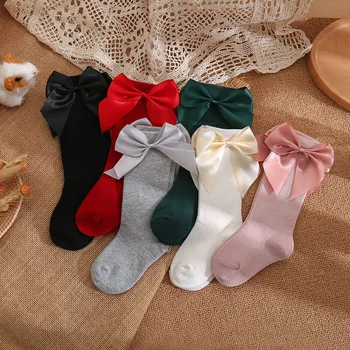 1 пара детских носков с большим бантом в форме средней трубки, детские носки однотонного цвета, милые и удобные дышащие носки, хлопковые мягкие носки