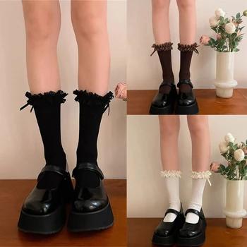 1 пара женских носков с рюшами, носки до щиколоток с кружевным верхом для девочек, носки с оборками и бабочками, хлопчатобумажные носки в стиле принцессы, носки для платья