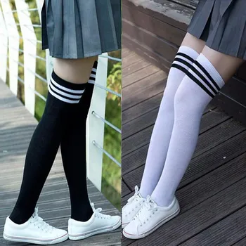 1 пара чулок в полоску для девочек, корейские Японские носки Kawaii Lolita, повседневные гольфы до бедра, женские длинные носки Женские Носки