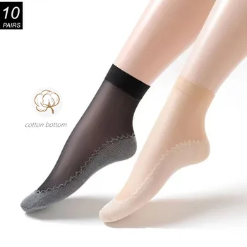 10 пар в упаковке, хлопковые носки средней длины, невидимые нескользящие носки из ледяного шелка для женщин, весенне-осенние Тонкие носки с защитой от крючков