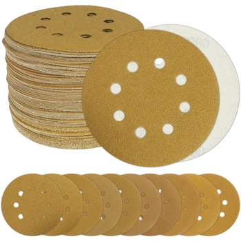 100шт Шлифовальных дисков 5-дюймовая наждачная бумага из оксида алюминия с крючками и петлями, набор круглых полировальных дисков с 8 отверстиями