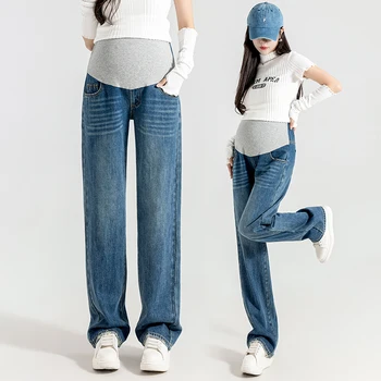 1199 # Осенне-весенние джинсовые джинсы для беременных, широкие свободные прямые брюки для живота, одежда для беременных женщин, беременность