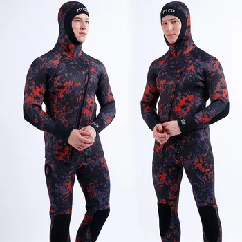 2 Части неопренового погружного камуфляжного гидрокостюма толщиной 5 мм с капюшоном с длинным рукавом Fission для мужчин, сохраняющего тепло, Водонепроницаемый водолазный костюм