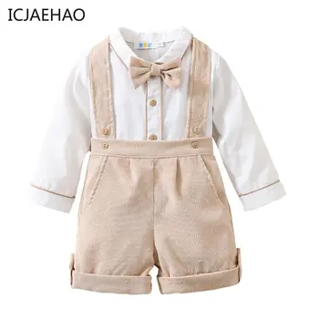 2023 Комплекты детской одежды для мальчиков, осенне-весенняя одежда для малышей, хлопковая блузка с длинными рукавами и галстуком-бабочкой, детские полукомбинезоны