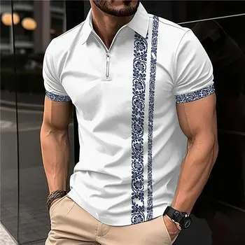 2023 Мужская рубашка поло повседневного дизайна, костюм для гольфа с 3D цветочным графическим принтом, Новая футболка с короткими рукавами, мужская рубашка поло на молнии с лацканами