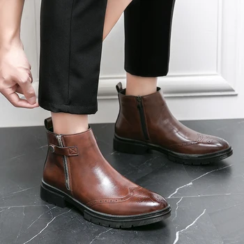 2023 Новые Деловые Официальные Мужские Ботинки На Двойной молнии, Кожаные Ботинки Челси С Резьбой В Британском Стиле, Удобные Нескользящие Носимые