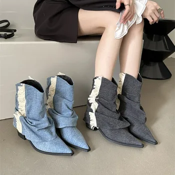 2023 Новые джинсовые ботильоны с кисточками, женские короткие ковбойские ботинки в стиле ретро в западном стиле, осень-зима, джинсовые туфли с острым носком на толстом каблуке