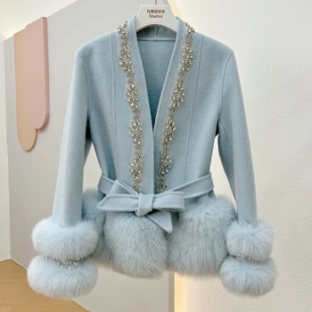 2023 Новые женские зимние куртки из натурального меха лисы ручной работы с кристаллами и бисером новые женские зимние куртки
