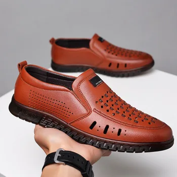 2023 Новые летние сандалии, Мужская дышащая кожаная обувь, Мужские уличные сандалии в стиле ретро, противоскользящие сандалии, Полые туфли, Обувь