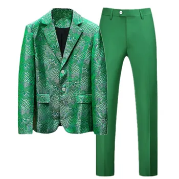 2023 Новый мужской Жаккардовый костюм, 2 предмета, зеленое модное мужское роскошное деловое платье для светской танцевальной вечеринки, блейзеры и брюки
