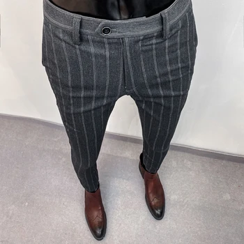 2023 Осенние Новые Мужские Корейские Приталенные Костюмные брюки в полоску, Элегантные Мужские Официальные брюки Высокого качества, Мужские Деловые Офисные Брюки