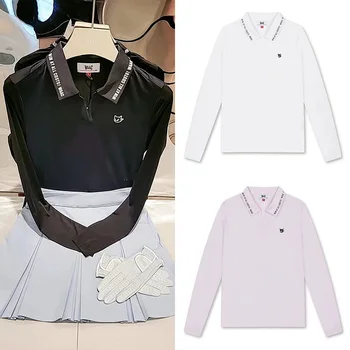 23 Летняя корейская одежда для гольфа WAAC, женская футболка с лацканами, холодная эластичная футболка с длинным рукавом, приталенный топ с буквенным логотипом