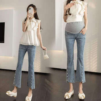 2306 # Расшитые бисером нерегулярные эластичные джинсы для беременных Лето 9/10, облегающие брюки для беременных, беременность