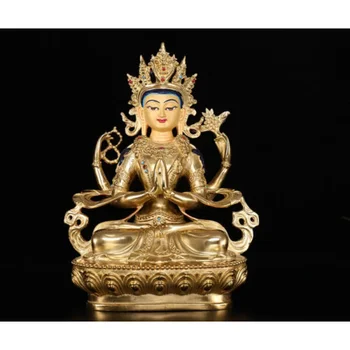 30 см Тибетский Шакьямуни, Ручная Роспись, Бронзовая Позолоченная Статуя Четырехрукого Будды Авалокитешвары