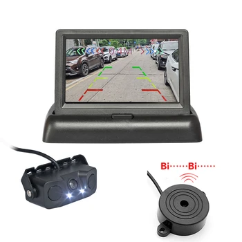 4,3-дюймовый автомобильный монитор с экраном TFT LCD, складной экран, комплект датчиков парковки 3-в-1, камера заднего вида, сигнализация, радар заднего хода