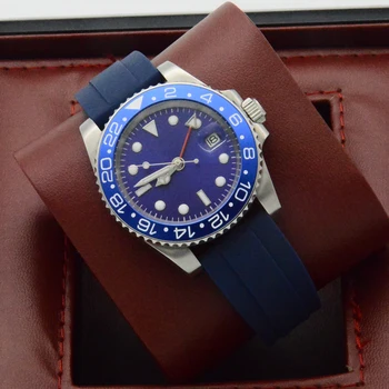 40 мм синие механические мужские часы с автоматическим заводом GMT, светящиеся модные повседневные часы в корпусе из нержавеющей стали