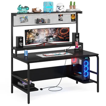 55-дюймовый игровой стол Tribesigns с 2 Розетками и 2 USB-портами, Большой Компьютерный стол с Подставкой для монитора, Эргономичный Геймерский стол