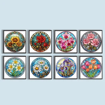 5D DIY Полная круглая дрель, алмазная роспись, набор цветов из витражного стекла для домашнего декора