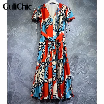 7,31 GuliChic Женский темперамент, Модное Шикарное платье контрастного цвета с V-образным вырезом и поясом, плиссированное длинное платье с цепочкой-веревкой