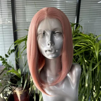 Aiva Hair Розовый синтетический парик на кружеве 13x4, Термостойкий прямой короткий боб, бесклеевые парики для косплея для чернокожих женщин 180%