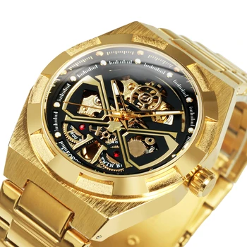 Forsining Автоматические часы с нерегулярным золотым скелетоном для мужчин, модные светящиеся стрелки, ремешок из нержавеющей стали, роскошные механические часы