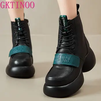 GKTINOO 2023, Осень-зима, новые короткие ботинки из натуральной кожи в стиле ретро, женские универсальные ботинки на плоской платформе со шнуровкой на толстой подошве