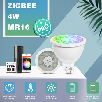 GLEDOPTO ZigBee 3.0 Smart RGBCCT MR16 Spotlight Pro 4 Вт AC / DC12V Лампа с Углом луча 30 градусов Работает с приложением Alexa Echo Plus Voice RF