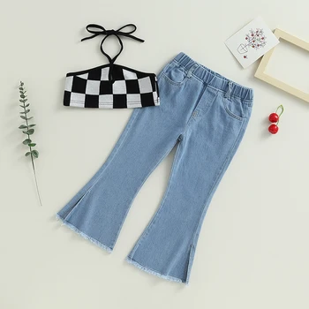 Listenwind, Шикарный комплект брюк для девочек 3-8 лет, клетчатый жилет с воротником-стойкой и джинсы-клеш с разрезом, Летняя повседневная одежда