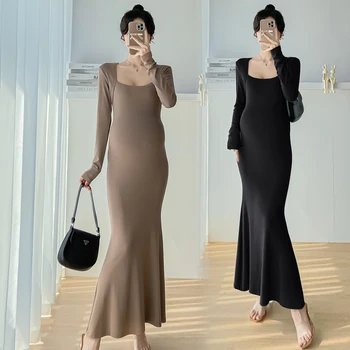 O54332 # Платье Макси-платье для беременных Плюс размер с квадратным воротником для женщин, элегантное тонкое платье для беременных в виде рыбьего хвоста