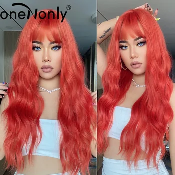 oneNonly Длинные объемные оранжево-красные синтетические парики для женщин, натуральный рождественский парик для косплея, Термостойкие волосы