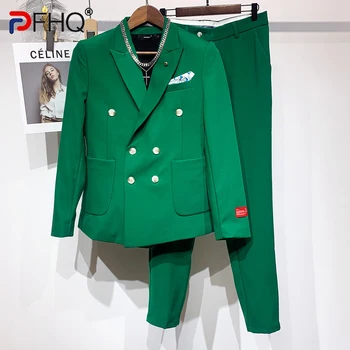 PFHQ Осенние мужские модные двубортные блейзеры Красивый Светлый Роскошный Высококачественный однотонный костюм Брюки 21Z1251