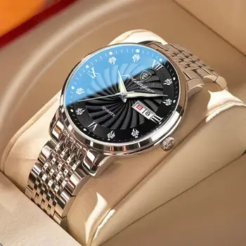 POEDAGAR Серебряные роскошные мужские наручные часы с квадратным деловым стальным ремешком, светящиеся часы, мужские часы с простым календарем, водонепроницаемые спортивные