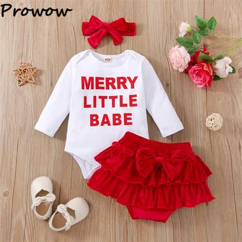 Prowow 0-24 м, моя первая рождественская одежда для маленьких девочек, комбинезон с надписью и красное бархатное боди, Новогодние Детские Рождественские наряды