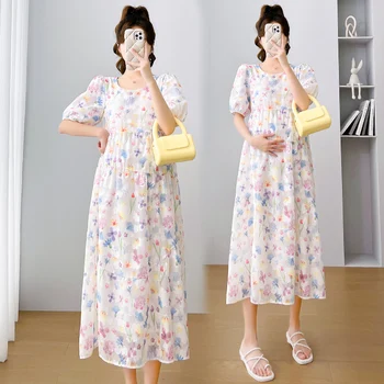 Q50134 # Платье для беременных с вышивкой, Корейское Свободное платье, Женское Стильное Летнее платье для беременных