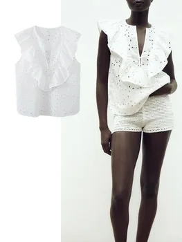 TRAF Women Fashion Pointelle С бантом, короткие футболки, Винтажные свободные повседневные блузки и рубашки без рукавов