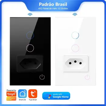 Tuya ZigBee 3.0 Бразилия Умный Настенный Выключатель Света с Сенсорной Панелью + Умная Розетка Управление Умным Домом Через Alexa Google Home Smart Life