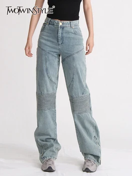 TWOTWINSTYLE Однотонные минималистичные джинсы для женщин с высокой талией, в стиле пэчворк, на молнии, Винтажные Темпераментные Джинсы, женская модная одежда 2023 г.