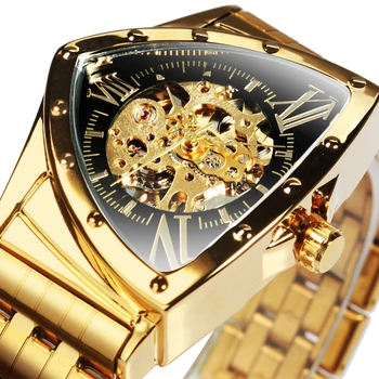 WINNER Triangle Gold Skeleton Автоматические часы для мужчин, лучший бренд, роскошный ремешок из нержавеющей стали, модные спортивные механические часы