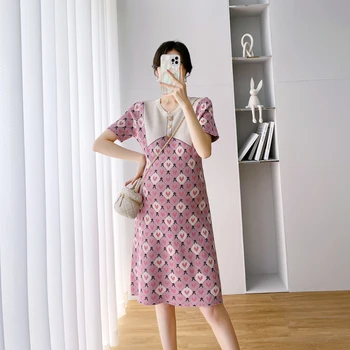 Z46495 # Платье для беременных Женское платье в Корейском стиле, Летняя Тонкая одежда для беременных, Трикотажная Женская одежда для беременных с цветным блоком