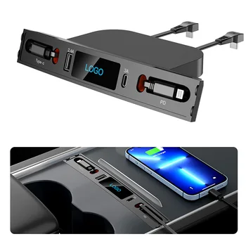 Автомобильное USB-зарядное устройство с несколькими портами на 2021 2022 2023 Модель 3 / Y Многофункциональные Аксессуары с логотипом и выдвижным кабелем