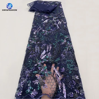 Африканская кружевная ткань Sinya Темно-синий Французский тюль, кружево с пайетками, высококачественные нигерийские кружевные ткани с бисером для свадебной вечеринки