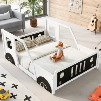 Белая полноразмерная классическая кровать-платформа в форме автомобиля на колесиках, простая в сборке, для мебели для спальни в помещении