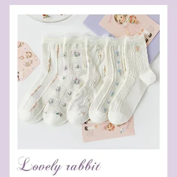 Белые носки, женские весенние носки средней длины, милые носки принцессы в цветочек, повседневные носки
