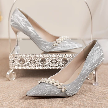 Блестящие женские туфли-лодочки на высоком каблуке, 2023, Осенняя роскошная дизайнерская обувь на шпильке с жемчугом, Женская серебряная обувь для вечеринок с острым носком
