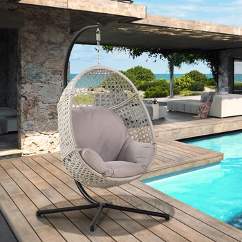 Большой подвесной стул-яйцо с подставкой и устойчивой к ультрафиолетовому излучению подушкой, стулья-гамак с C-образной подставкой для улицы