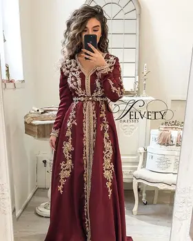 Бордовый Марокканский кафтан, Мусульманские вечерние платья трапециевидной формы с V-образным вырезом и длинными рукавами, аппликации, Арабский кафтан из Турции, Исламское платье