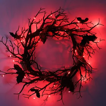 Венки из черных веток летучей мыши на Хэллоуин с красной светодиодной подсветкой, 45 см, венки для дверей, окна, Цветочная гирлянда, украшение для дома на Хэллоуин