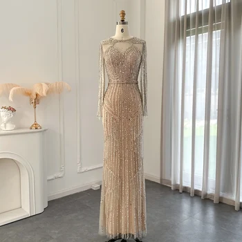 Вечернее платье русалки серебристого цвета Sharon Said для женщин, свадебная вечеринка, арабское длинное вечернее платье с длинным рукавом, выпускное платье SS214