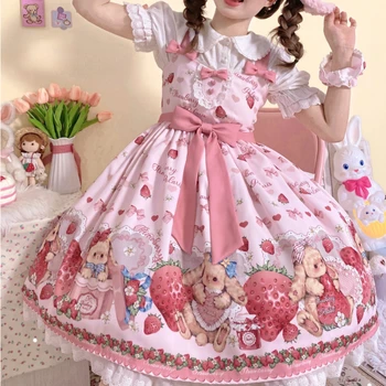 Викторианское платье Sweet Lolita Jsk, платье на подтяжках с рисунком милого кролика из мультфильма 